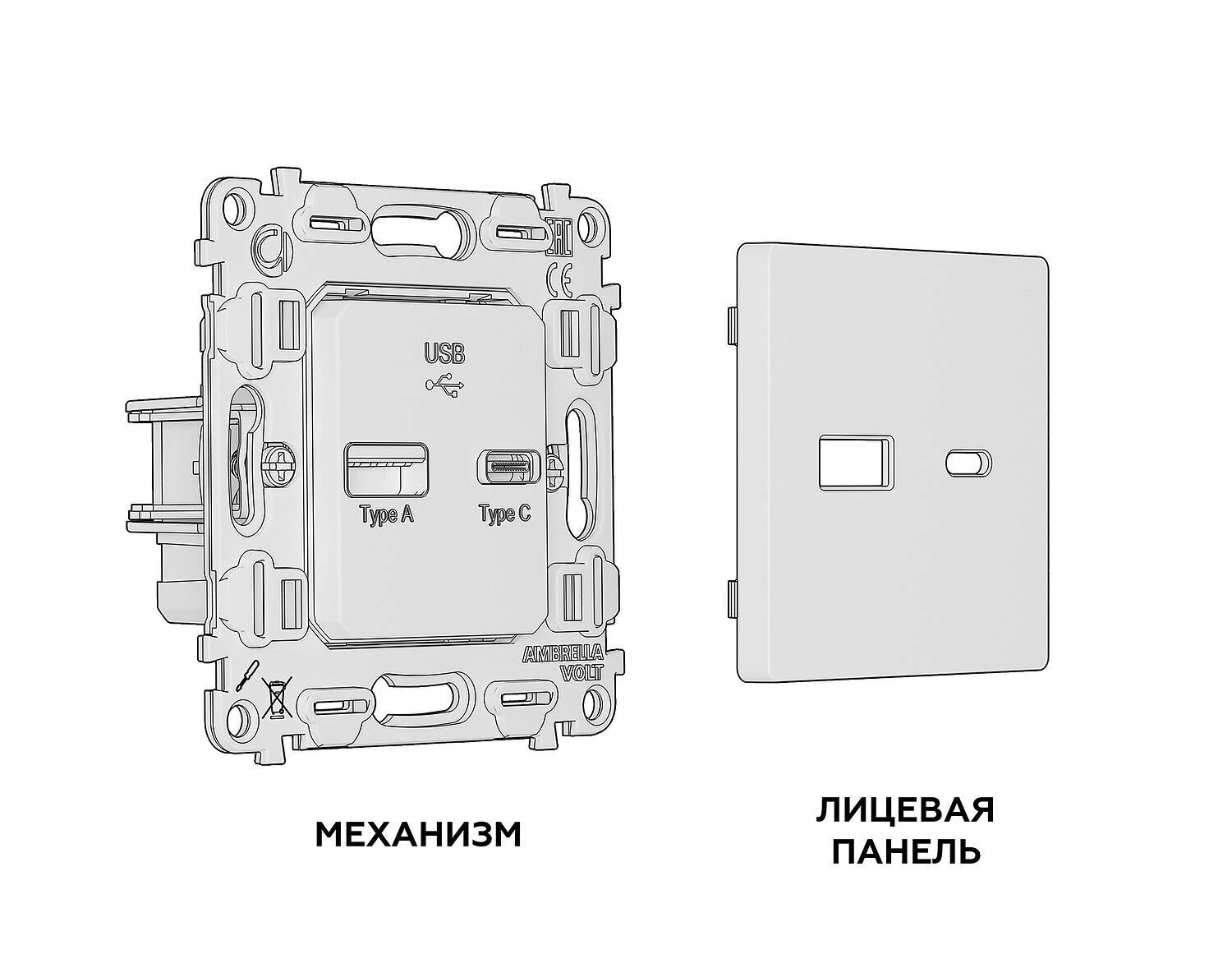 Комплект механизма розетки ALFA Графит мягкое касание 2USB A+C 20W (быстрая зарядка) QUANT (AP9110, VM177) (Ambrella Volt, MA911010) - Amppa.ru